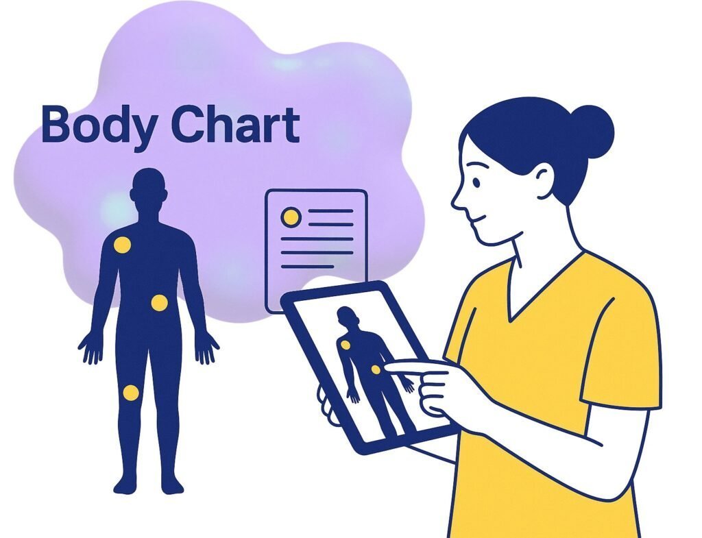 A person in a yellow shirt holds a tablet displaying a body chart with marked points, against a purple background.