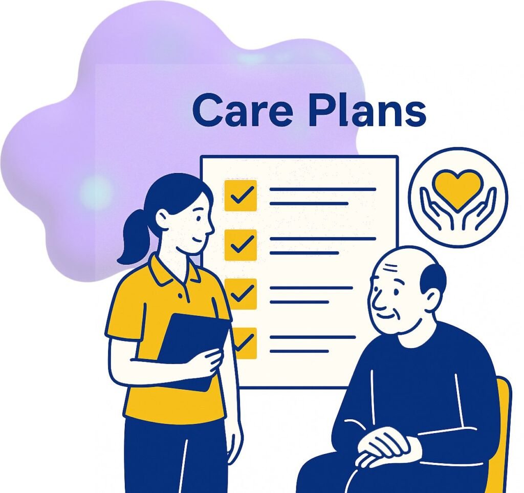 A caregiver stands with a clipboard discussing care plans with an elderly man seated nearby, surrounded by icons of support.