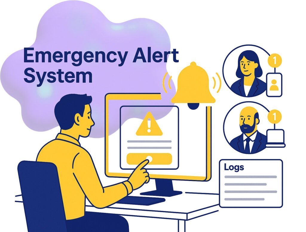 A person interacts with a computer displaying an emergency alert, with icons of two professionals and logs nearby.