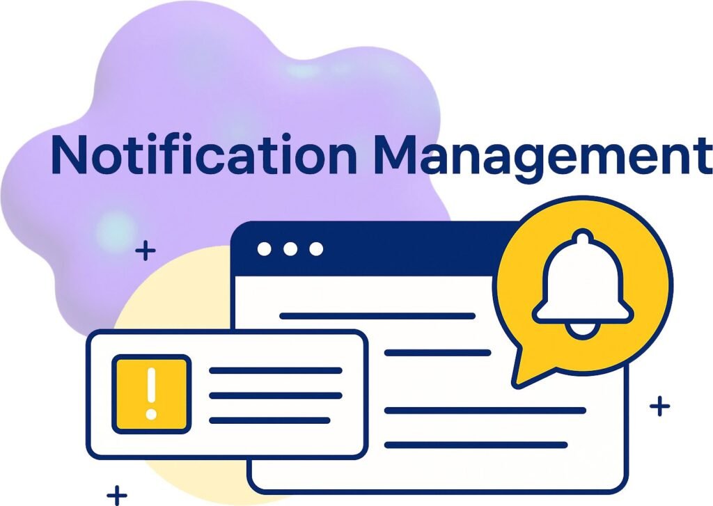 Colorful graphic featuring "Notification Management" text, a bell symbol, and a notification alert box.