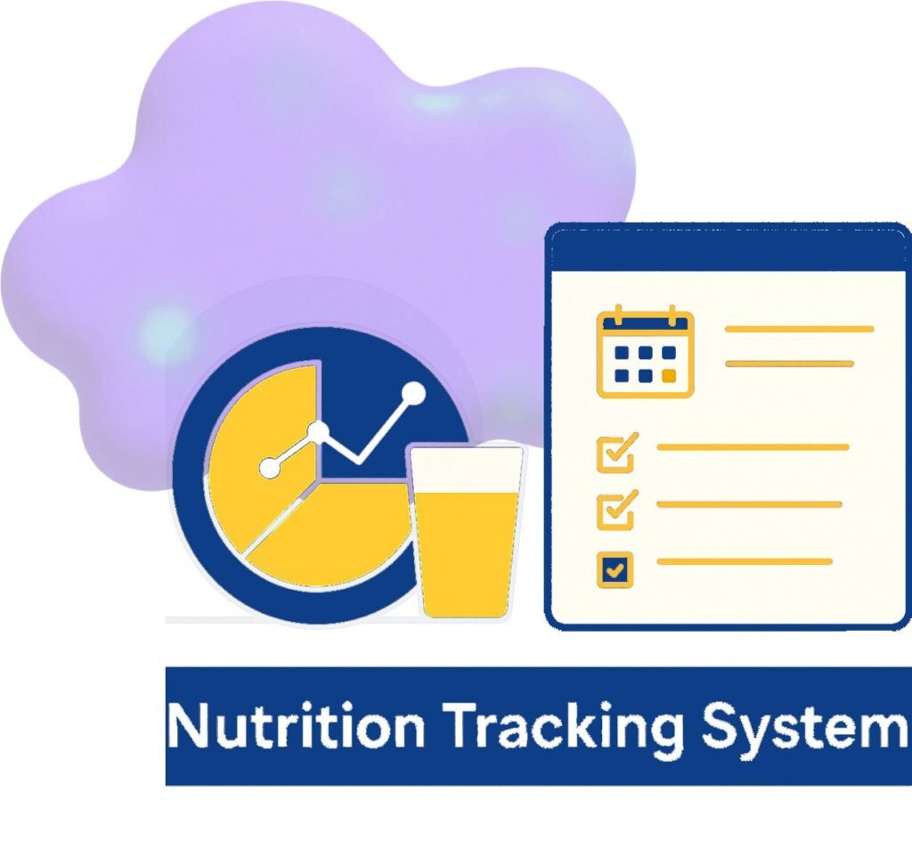Graph with data points, glass of juice, and a checklist beside the phrase "Nutrition Tracking System" on a colorful background.