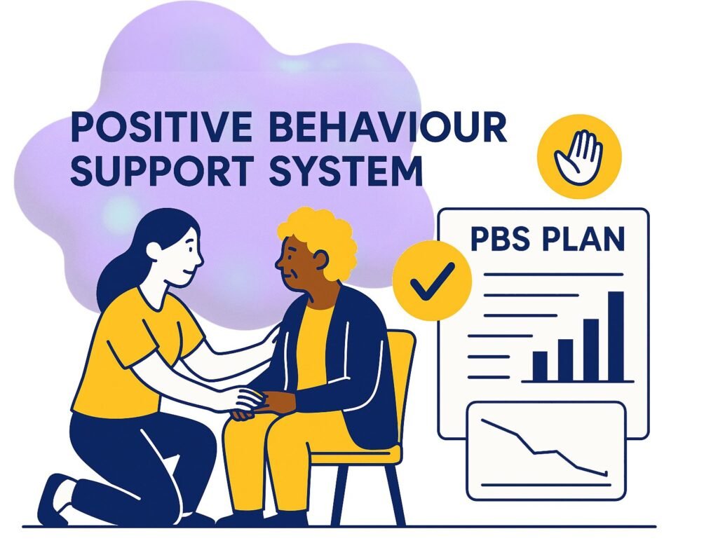 A caregiver assists an elderly person, with a "Positive Behaviour Support System" graphic and a chart nearby.