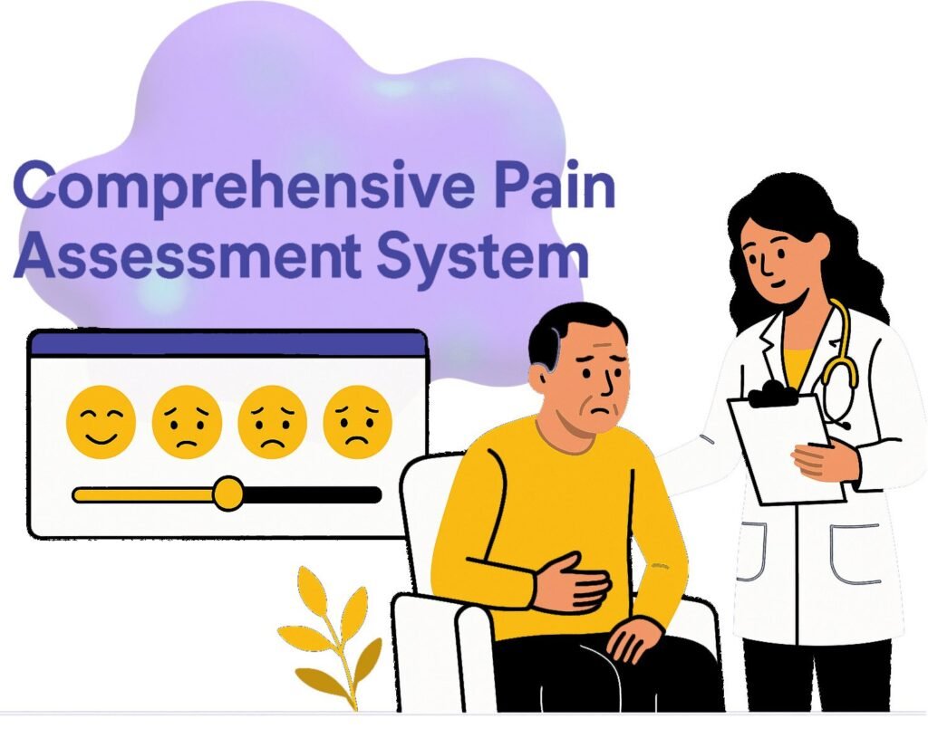 A healthcare professional discusses a pain assessment with a worried patient, showing a pain scale on a digital display.