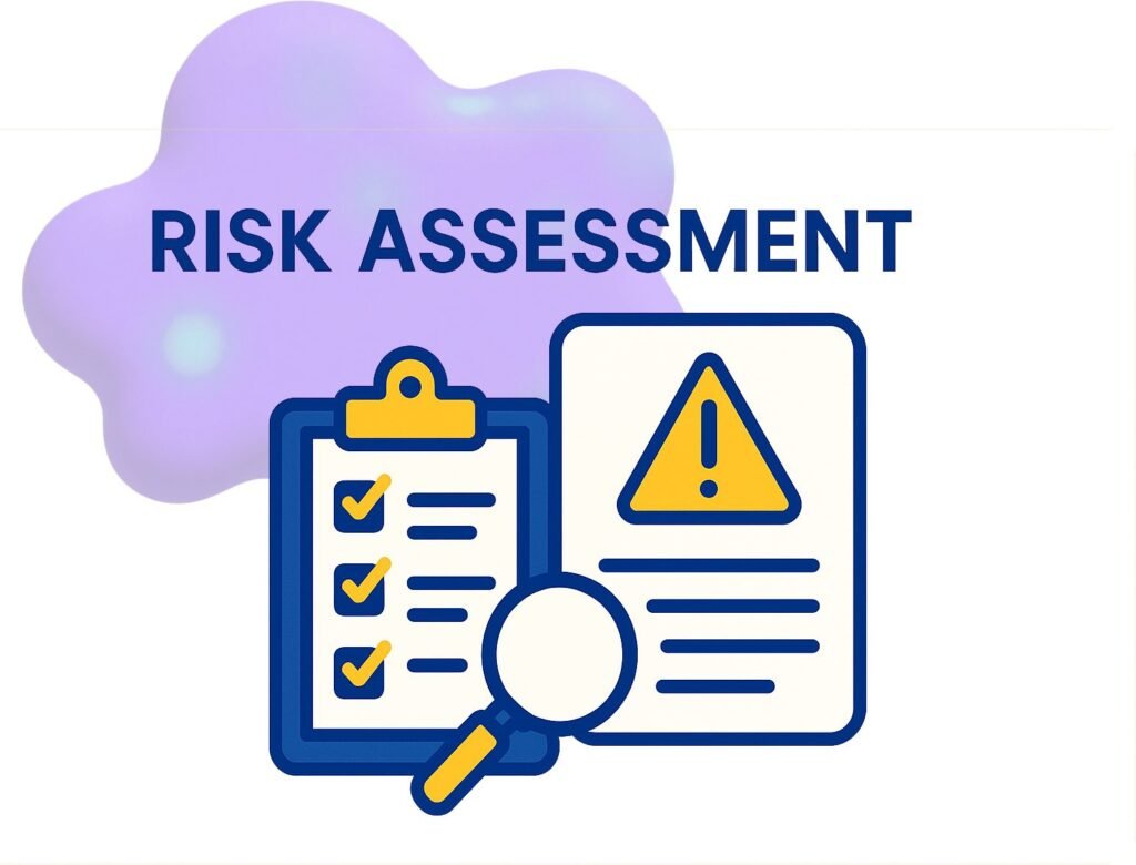 "Risk assessment graphic featuring a checklist clipboard and a warning document with an exclamation mark."