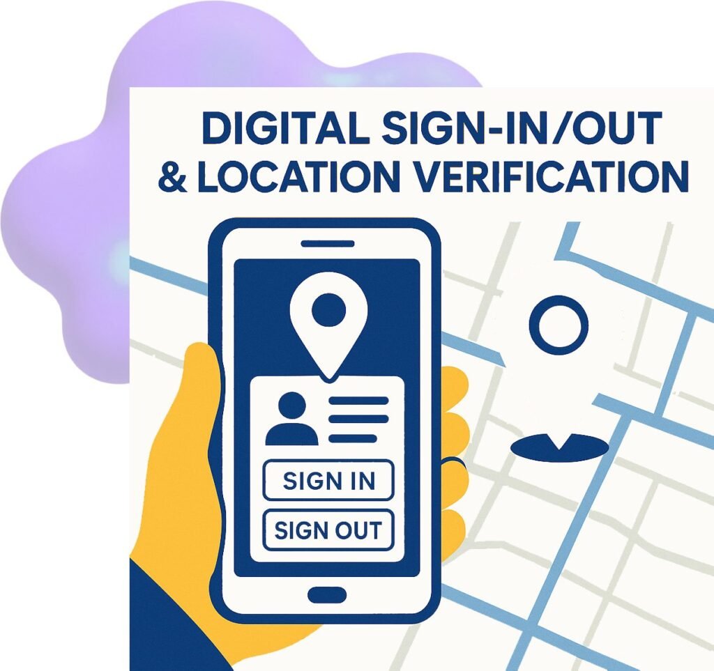 A hand holds a smartphone displaying a sign-in/sign-out interface with a location pin, alongside a map background.