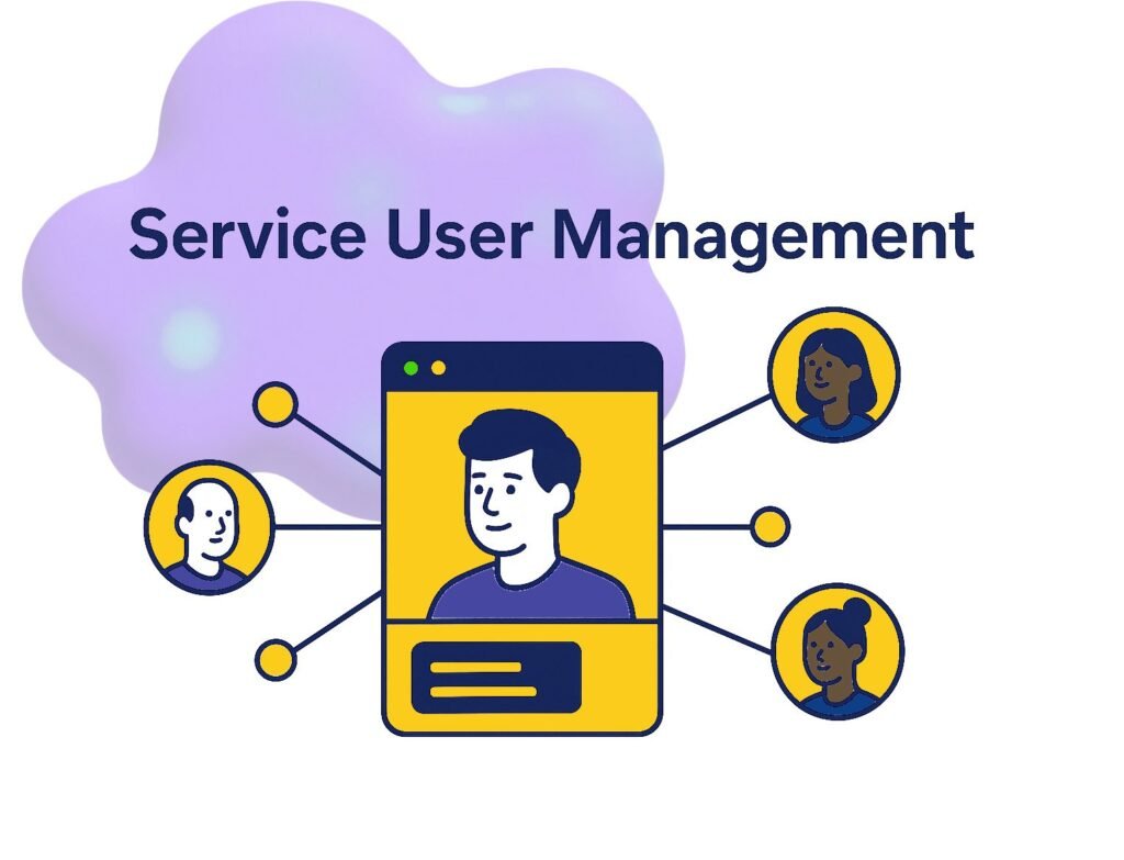 Graphic featuring a central user interface labeled "Service User Management," connected to diverse user icons.