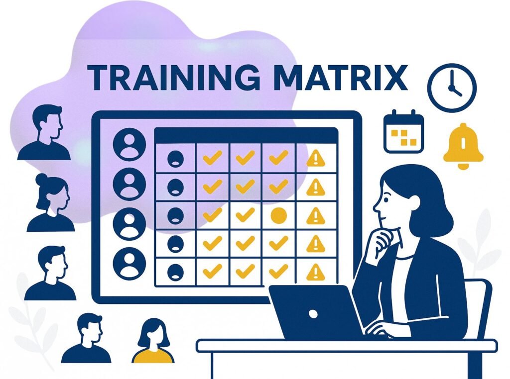A woman analyzes a training matrix on a laptop, with icons representing people, deadlines, and alerts in a colorful design.