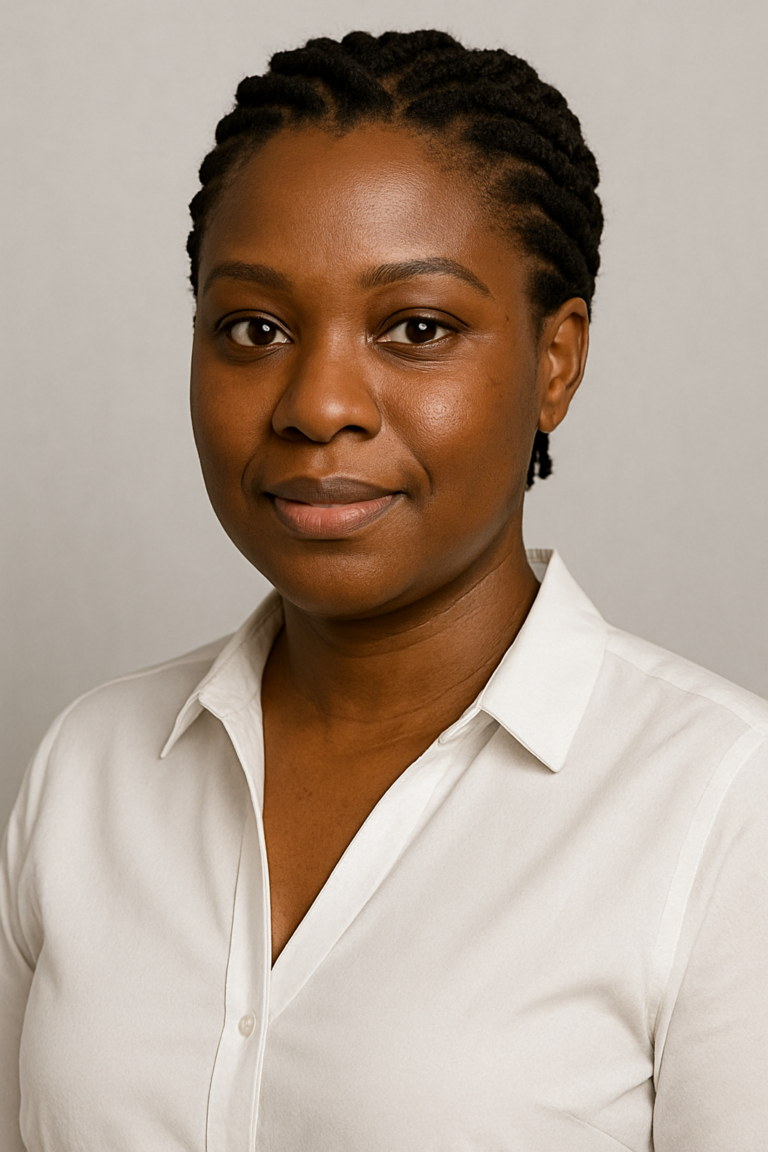 Young woman with braided hair wearing a white collared shirt, smiling softly against a neutral background.