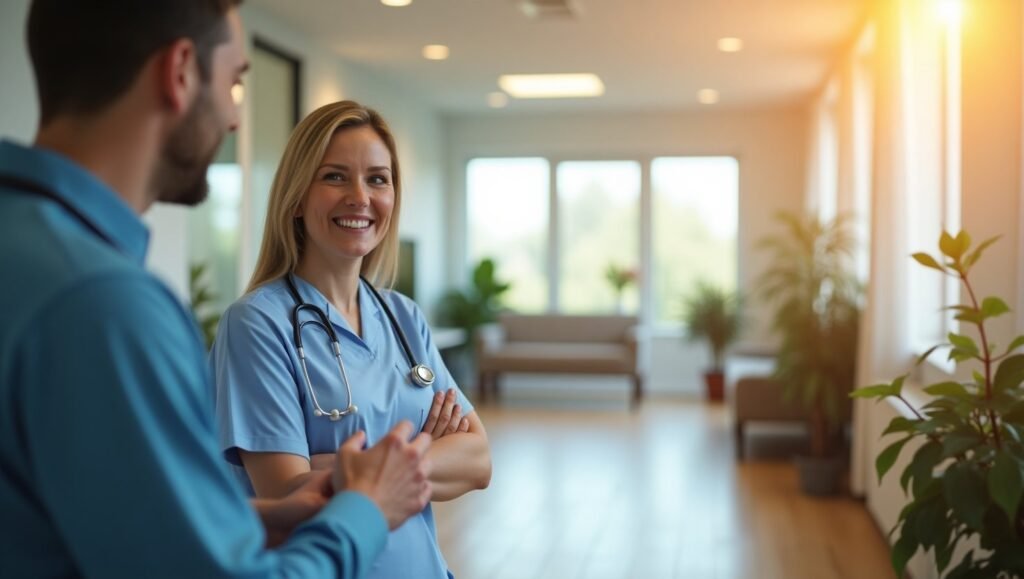 Smiling female nurse in scrubs with a stethoscope, conversing with a colleague in a bright, modern healthcare setting.