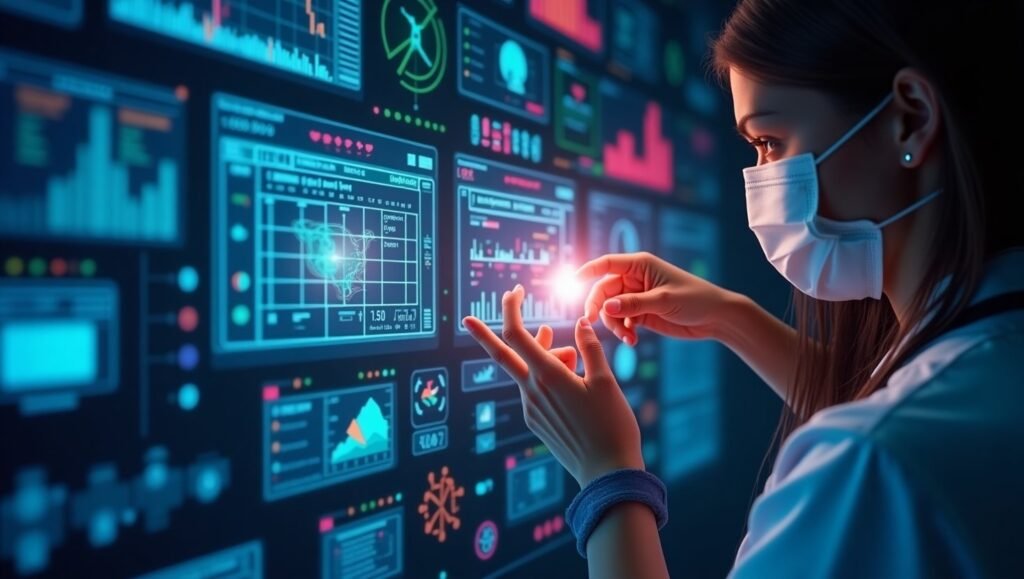 A woman in a mask interacts with a digital health dashboard displaying graphs and data analytics.