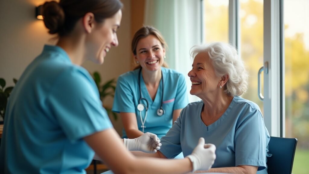 Two nurses in scrubs interact warmly with an elderly woman, smiling and sharing a positive, supportive moment.