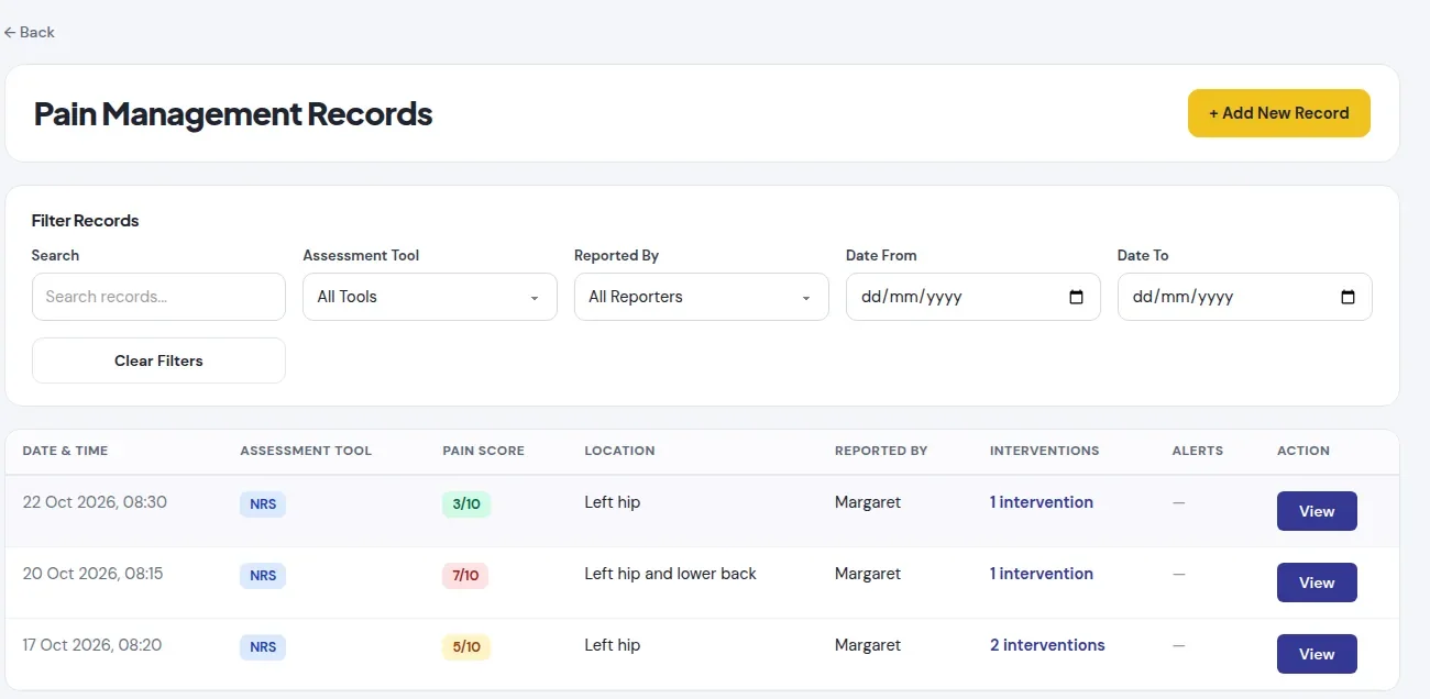 Pain records with the assessment tool, score, location and interventions
