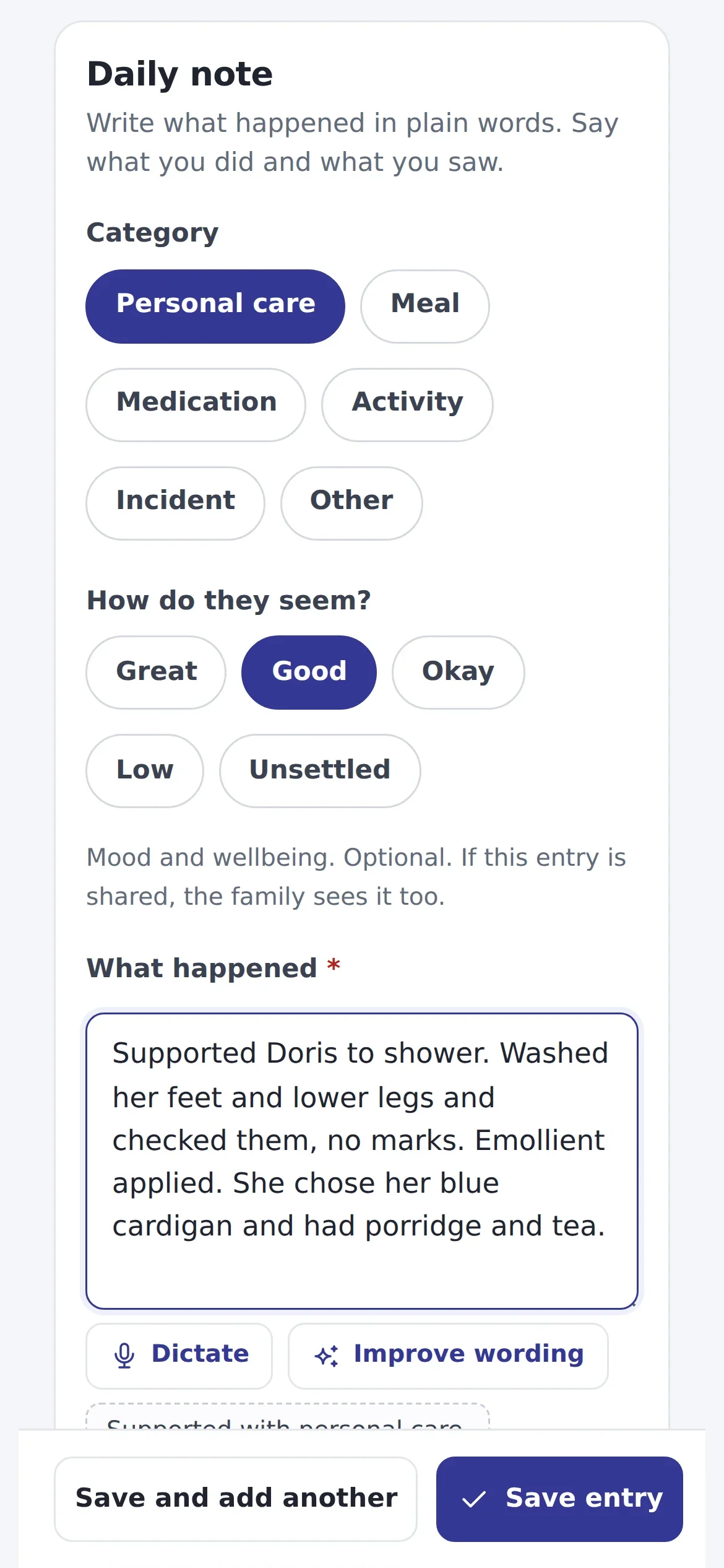 A carer writing a daily note on a phone: personal care, mood Good, and what happened