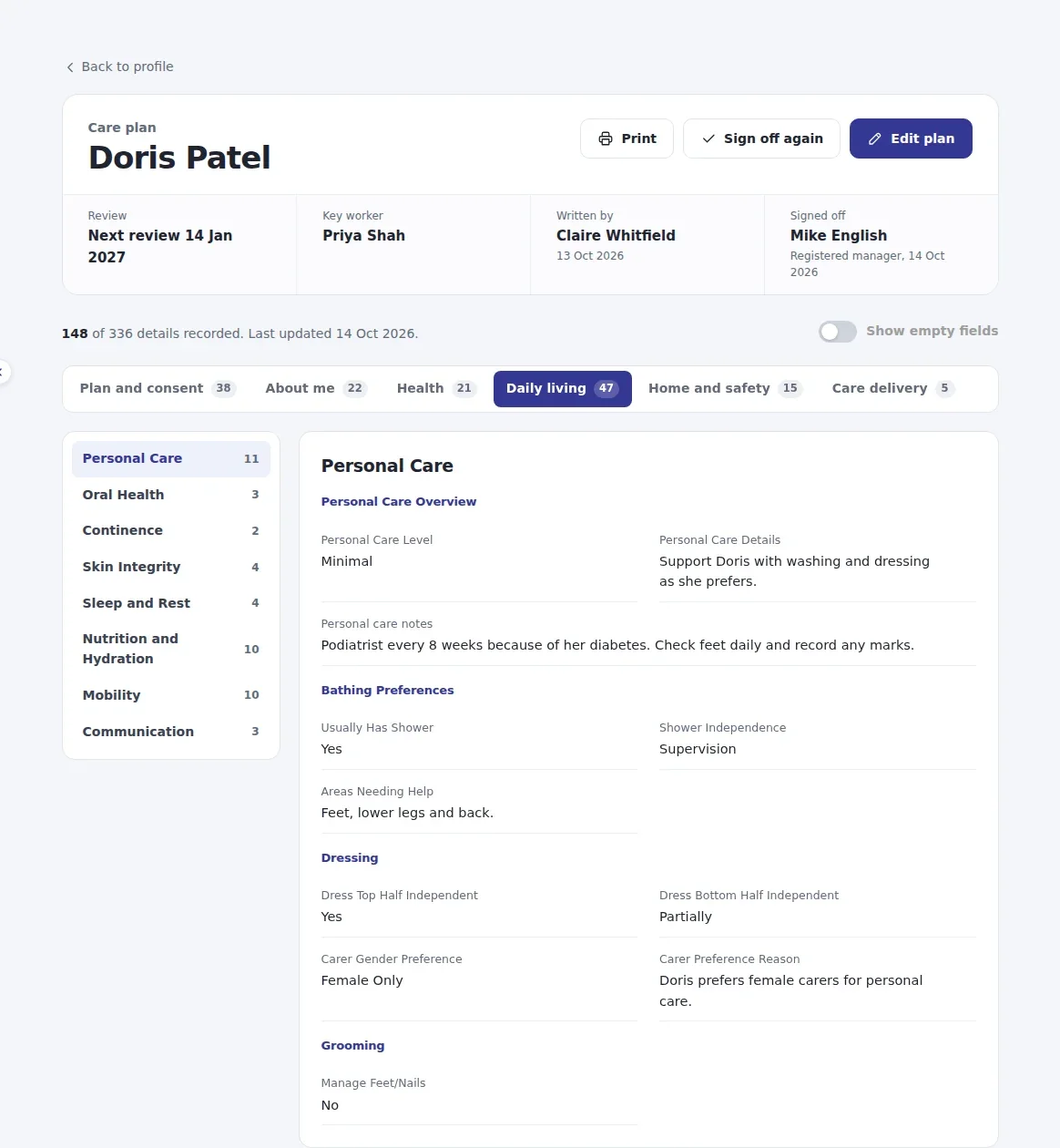 A care plan on the Daily living tab, showing personal care, bathing and dressing details, with key worker, author and sign-off at the top