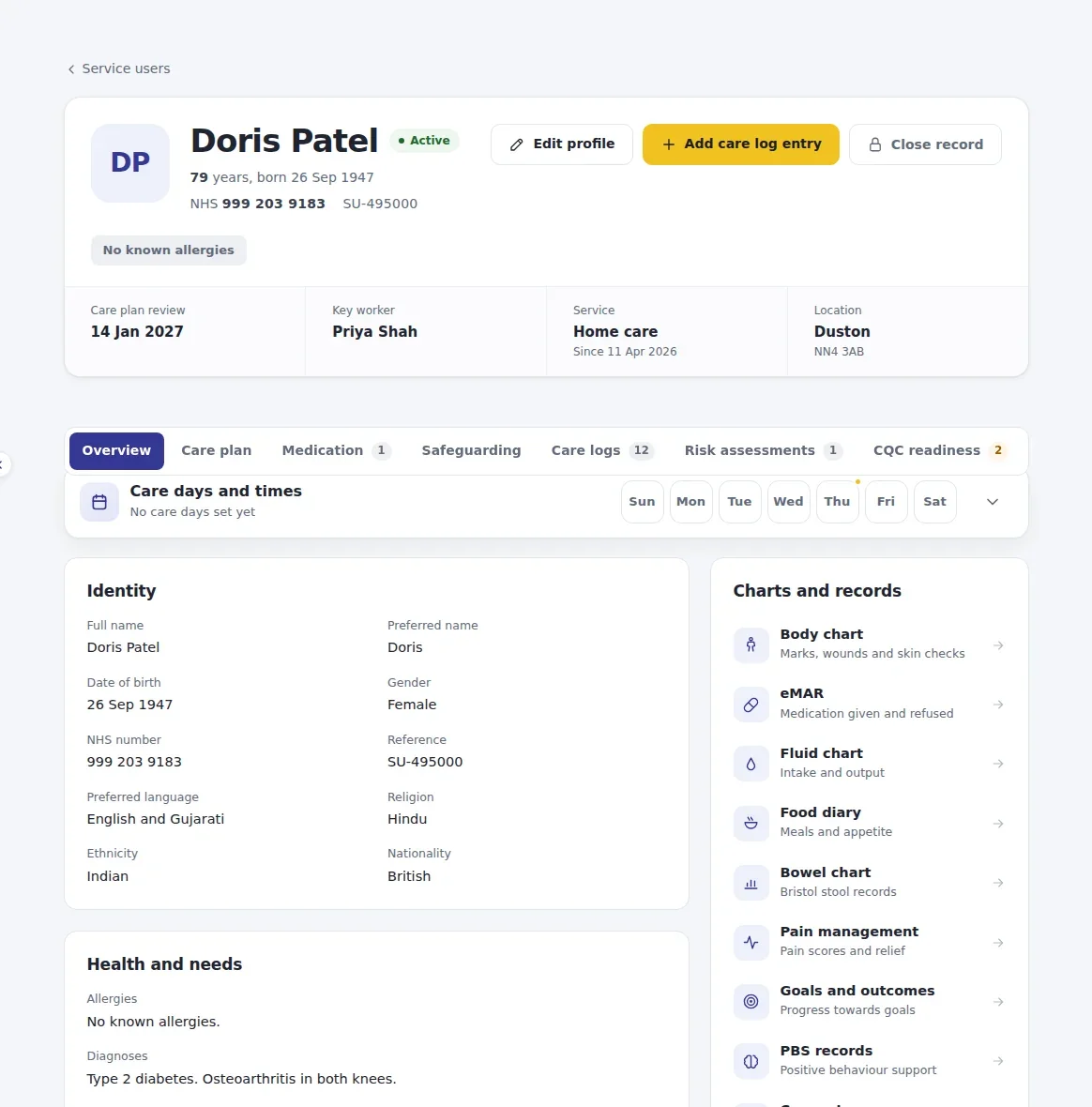A person's profile with care plan review, key worker, identity and a list of their charts and records