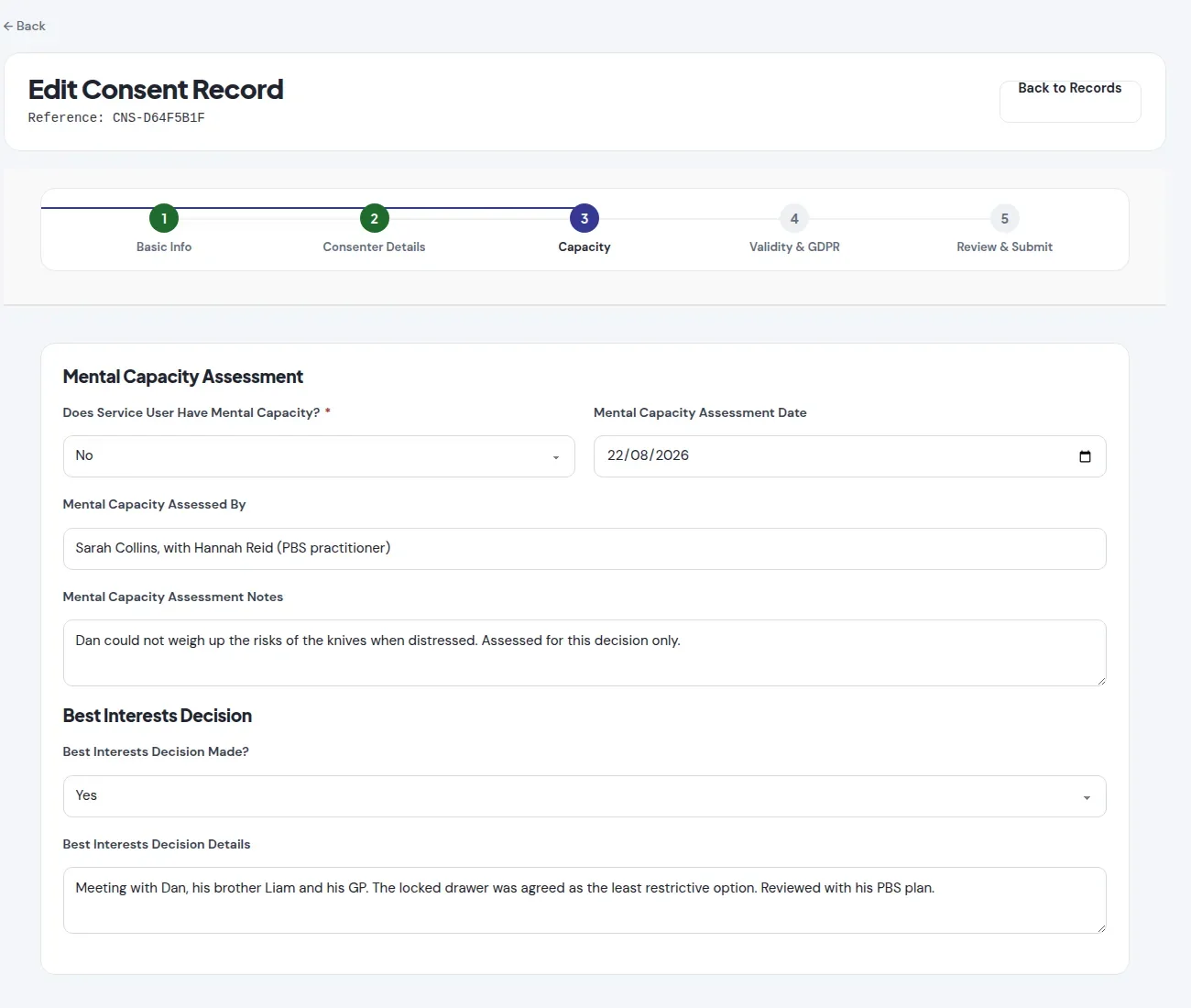 A consent record at the capacity step, with the mental capacity assessment and best interests decision