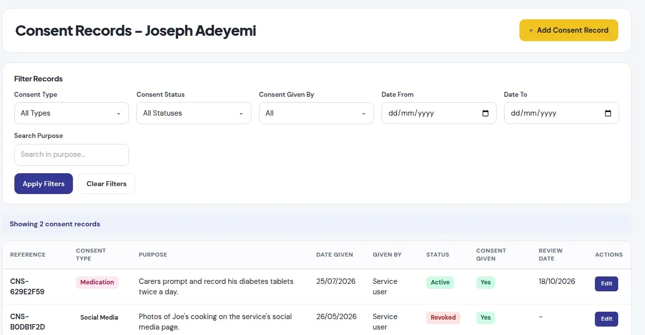 Consent records for one person, with type, purpose, status and review date, including a revoked consent