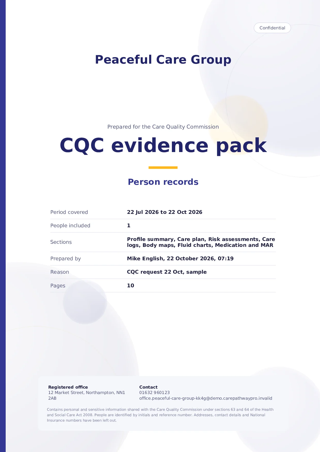 The cover of a CQC evidence pack: Person records, prepared for the Care Quality Commission