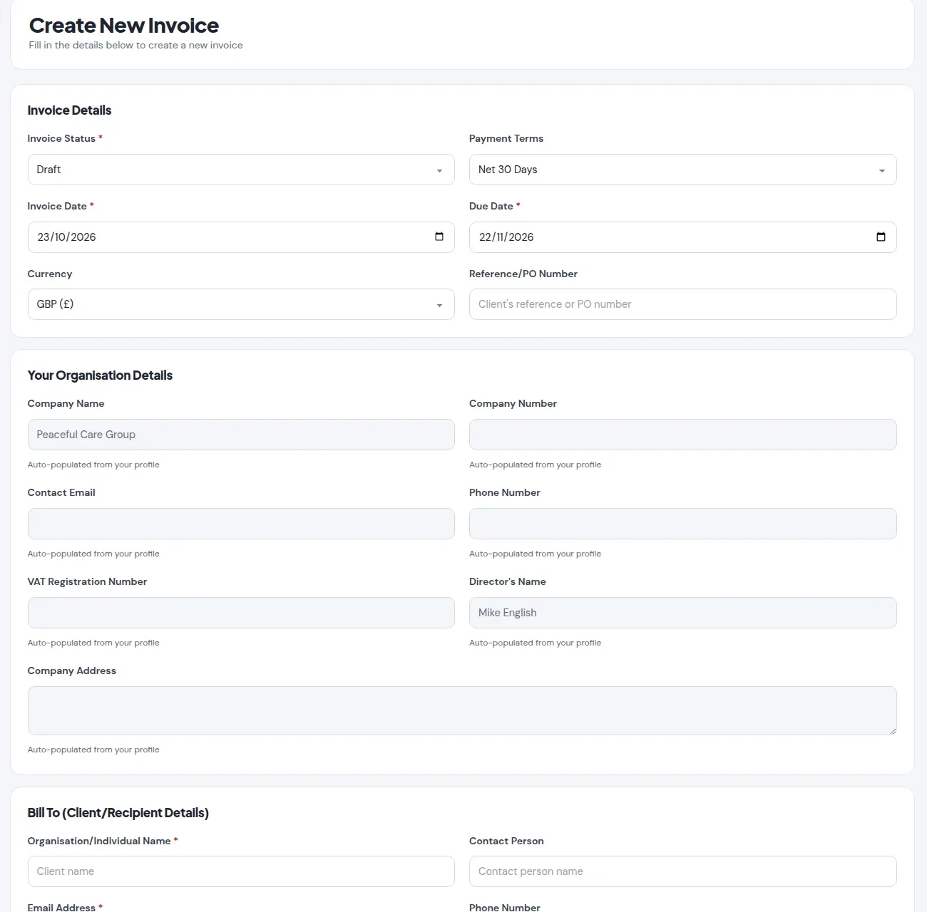 Creating an invoice, with the provider's details filled in from the organisation profile