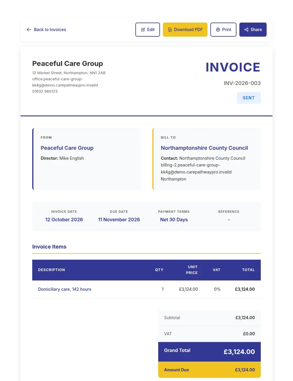 A finished invoice with the provider's details, the client, dates, items and the amount due