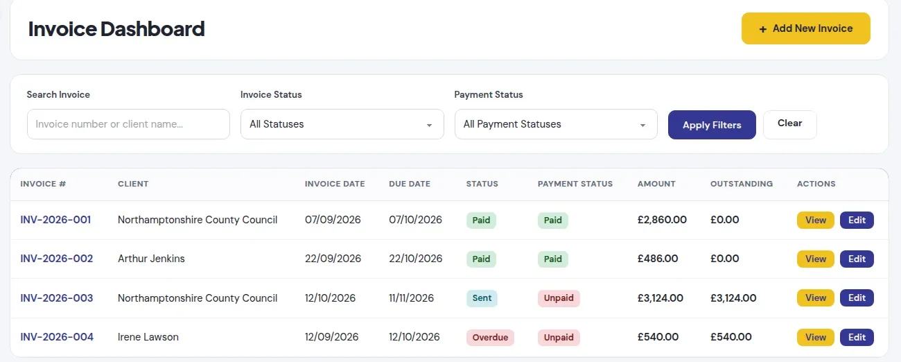 The invoice dashboard with each invoice's client, dates, status, payment and amount outstanding