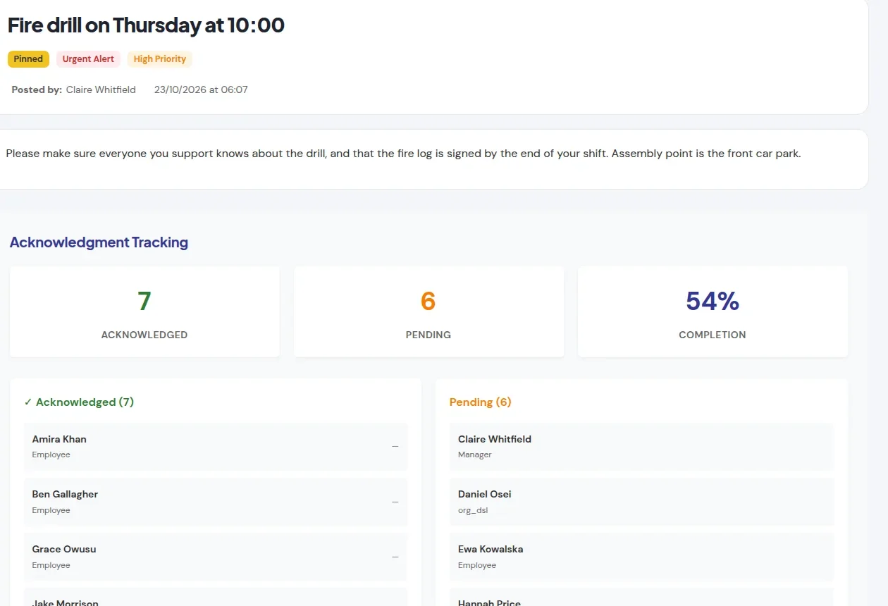 Acknowledgement tracking for a notification, showing who has confirmed and who has not