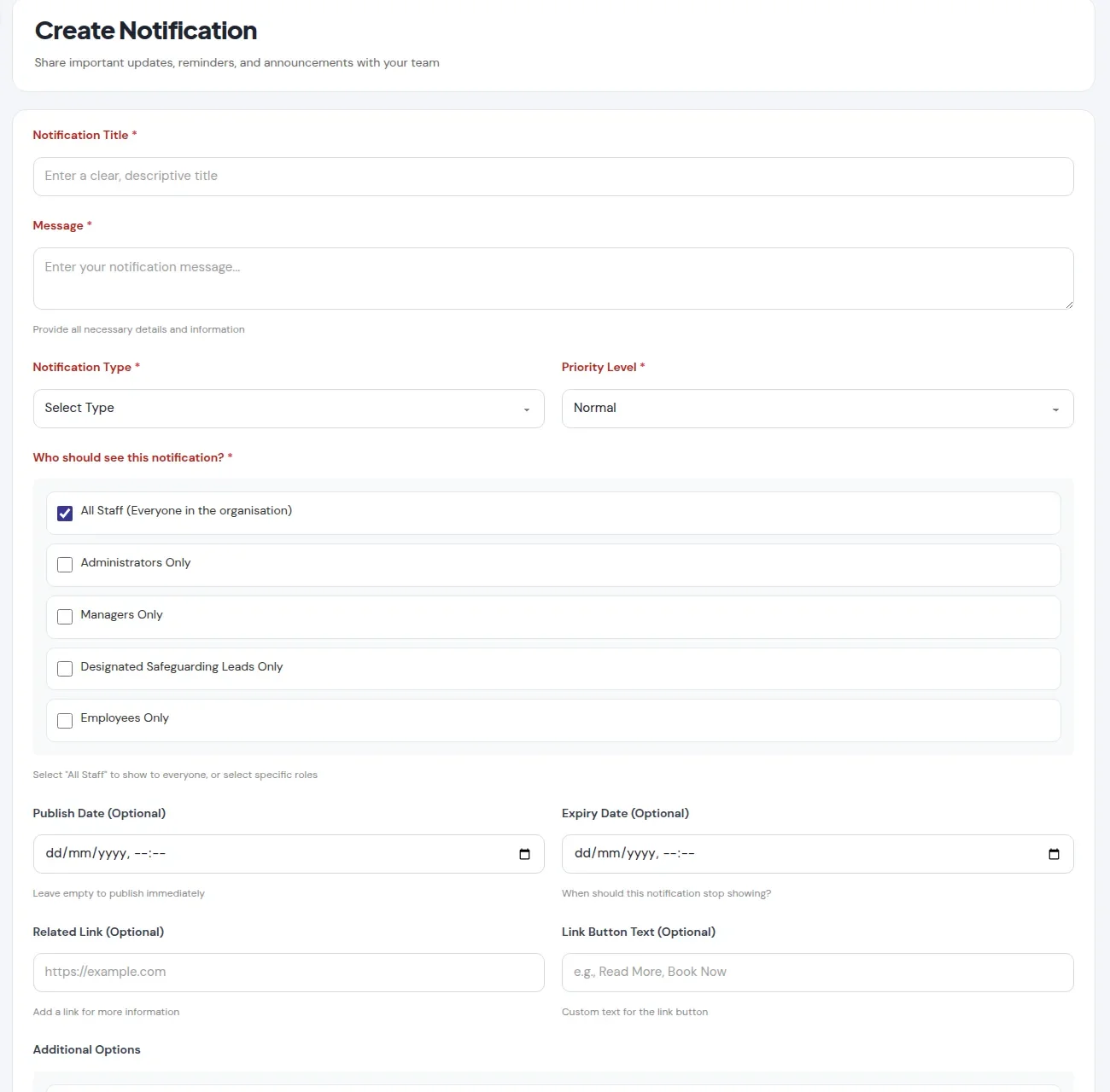 Creating a notification with a type, priority and who should see it
