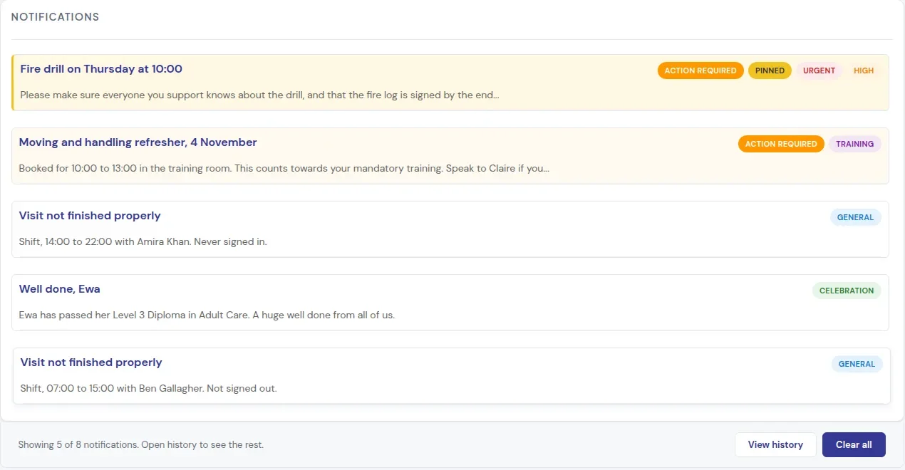 Notifications on the dashboard, with pinned, urgent and action required labels
