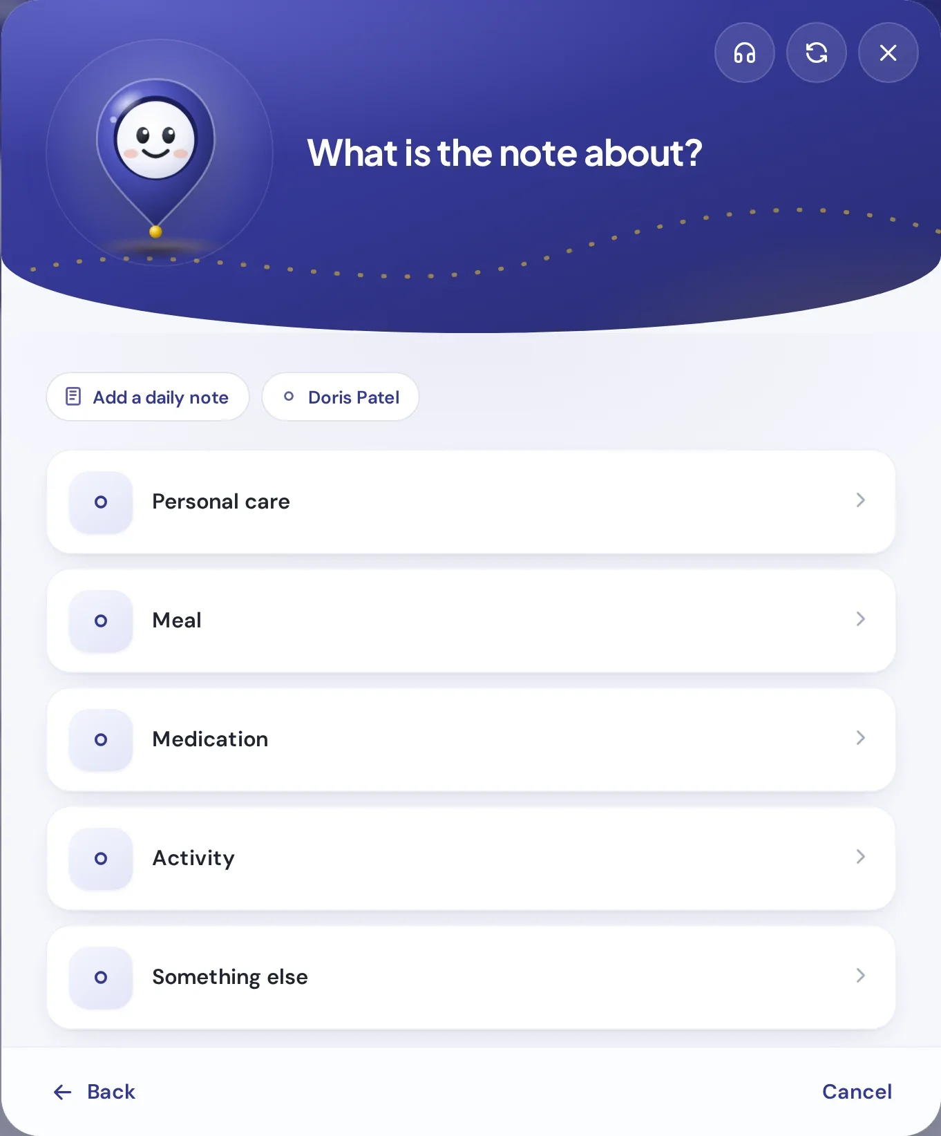 Path guiding a daily care note, asking what the note is about