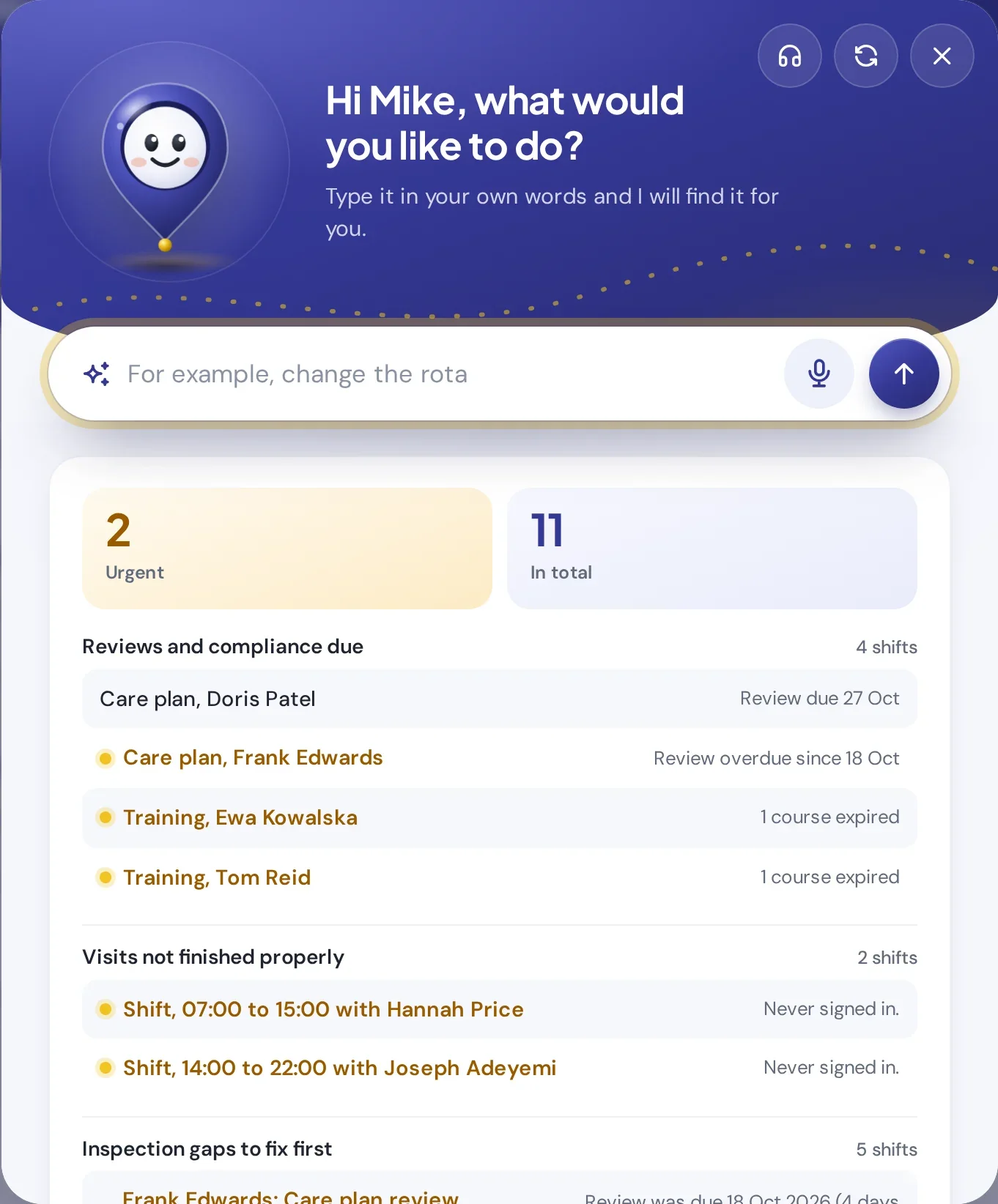 Path showing a manager what needs attention: reviews due, expired training and unfinished visits