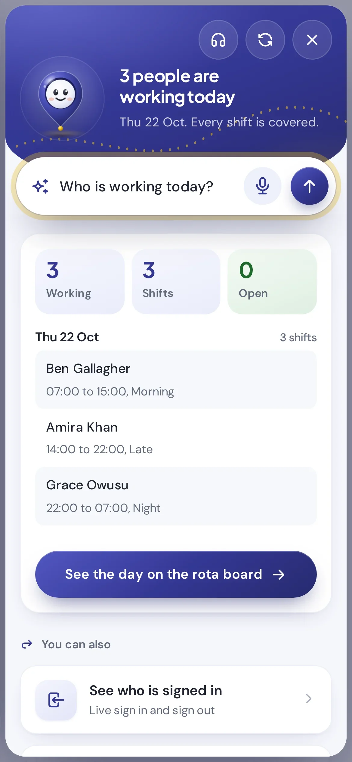 Path on a phone, answering who is working today