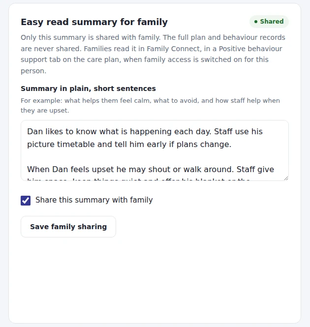 An easy read summary of the plan, shared with family