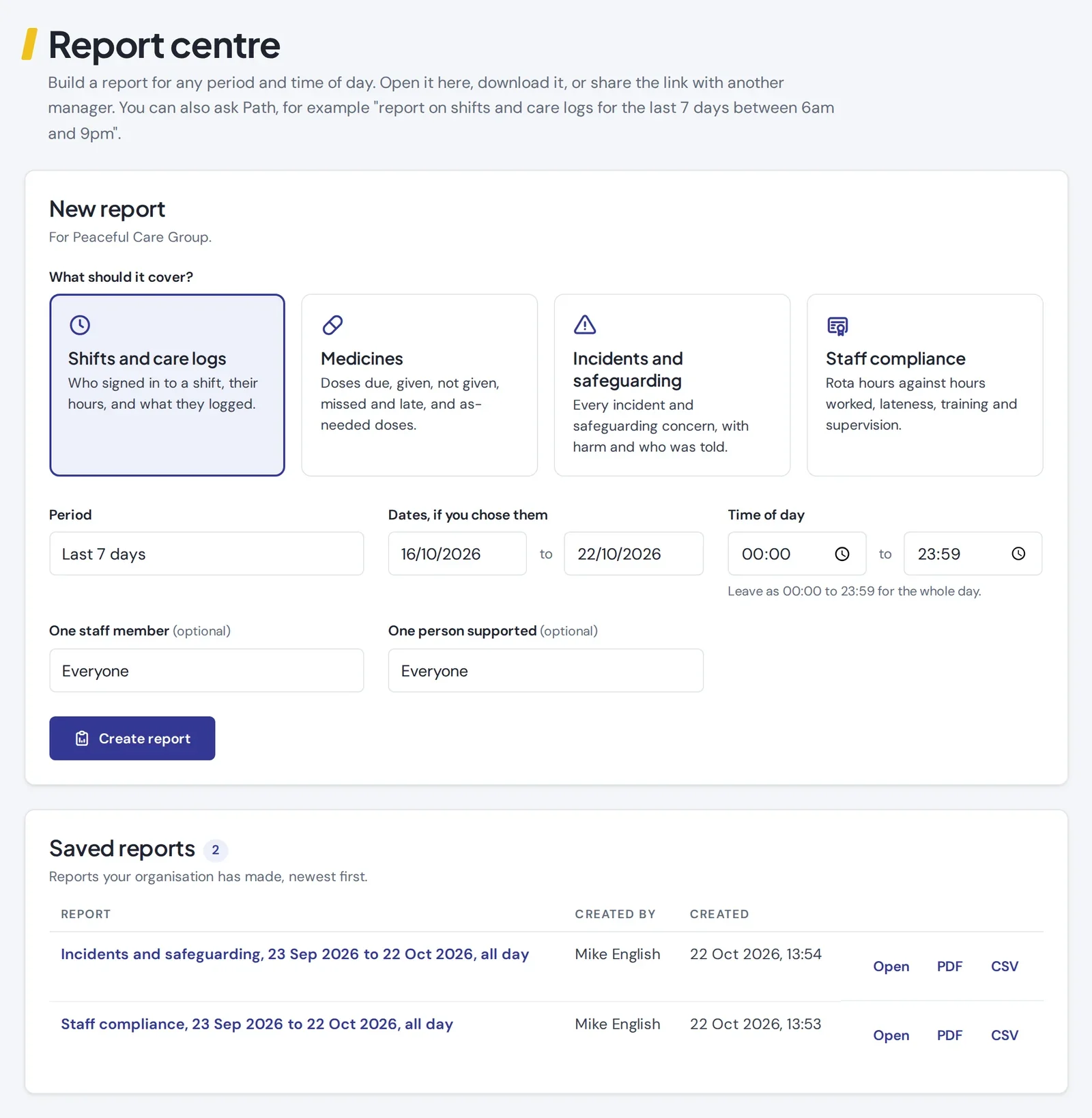 The Report Centre, choosing a report on shifts, medicines, incidents and safeguarding or staff compliance, with saved reports below