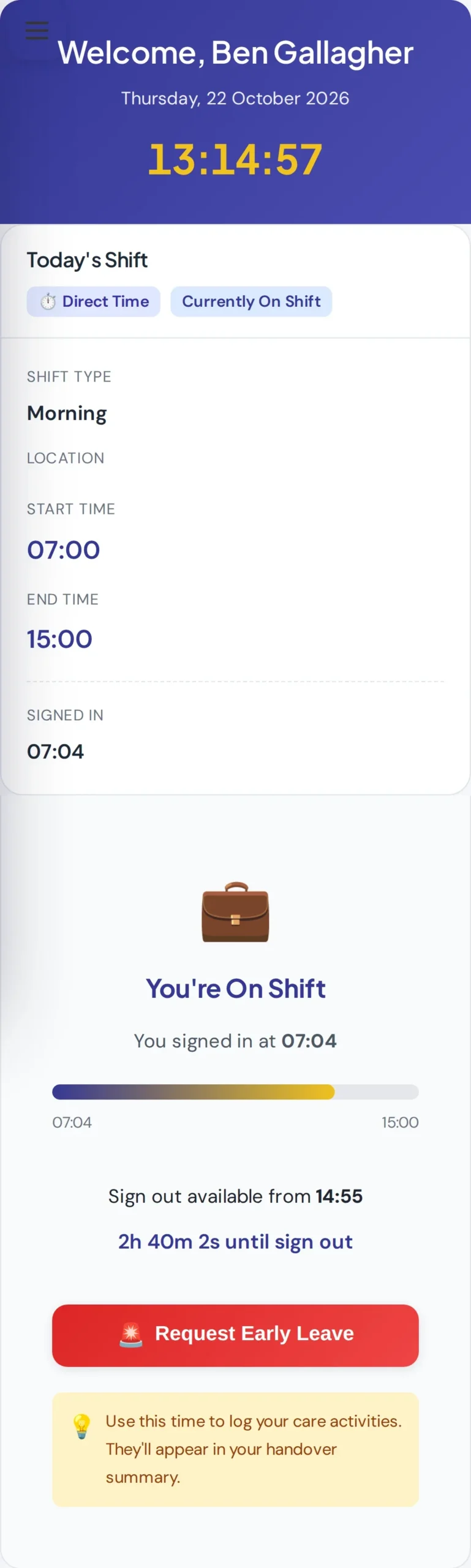 The sign in and out screen on a phone, showing a carer on shift