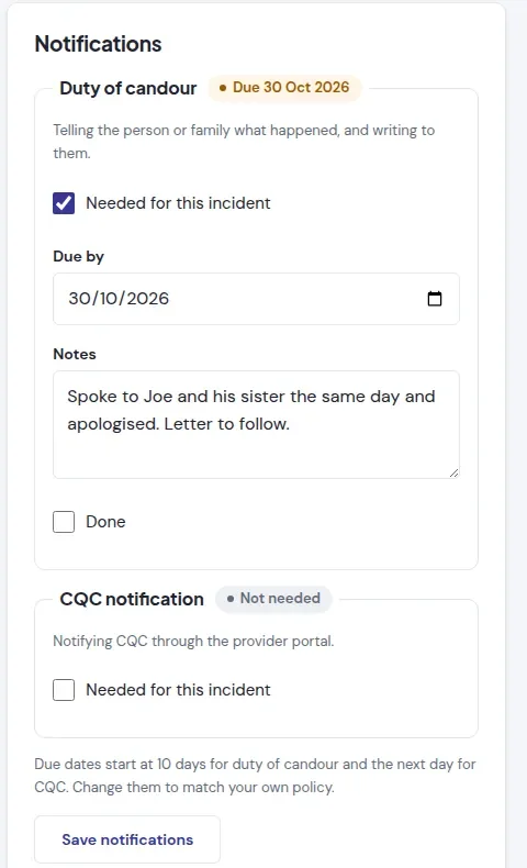 Duty of candour tracked with a due date and notes, and CQC notification marked not needed