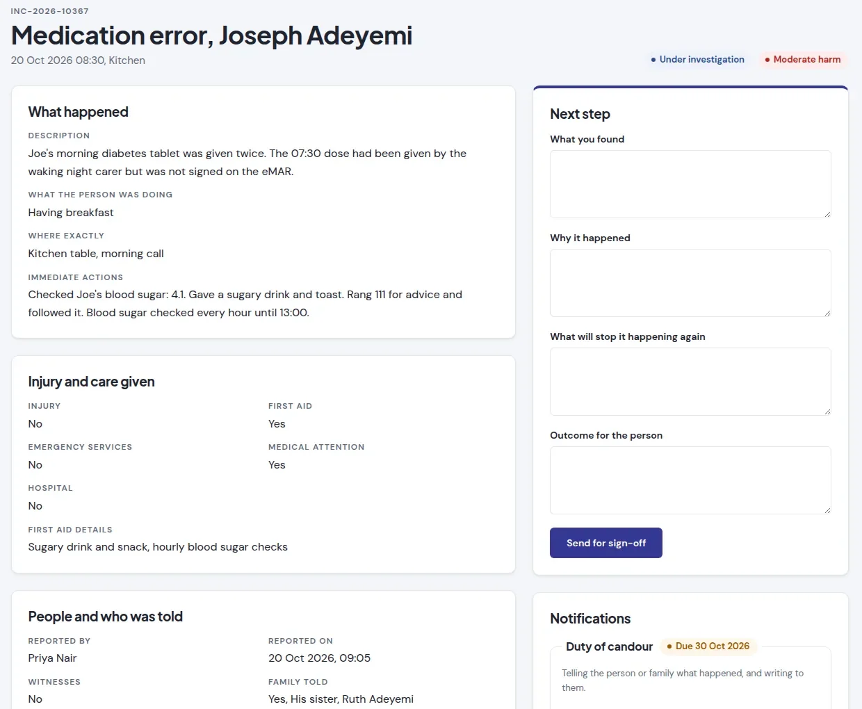 An incident report for a medication error, under investigation, with the next step and notifications beside it