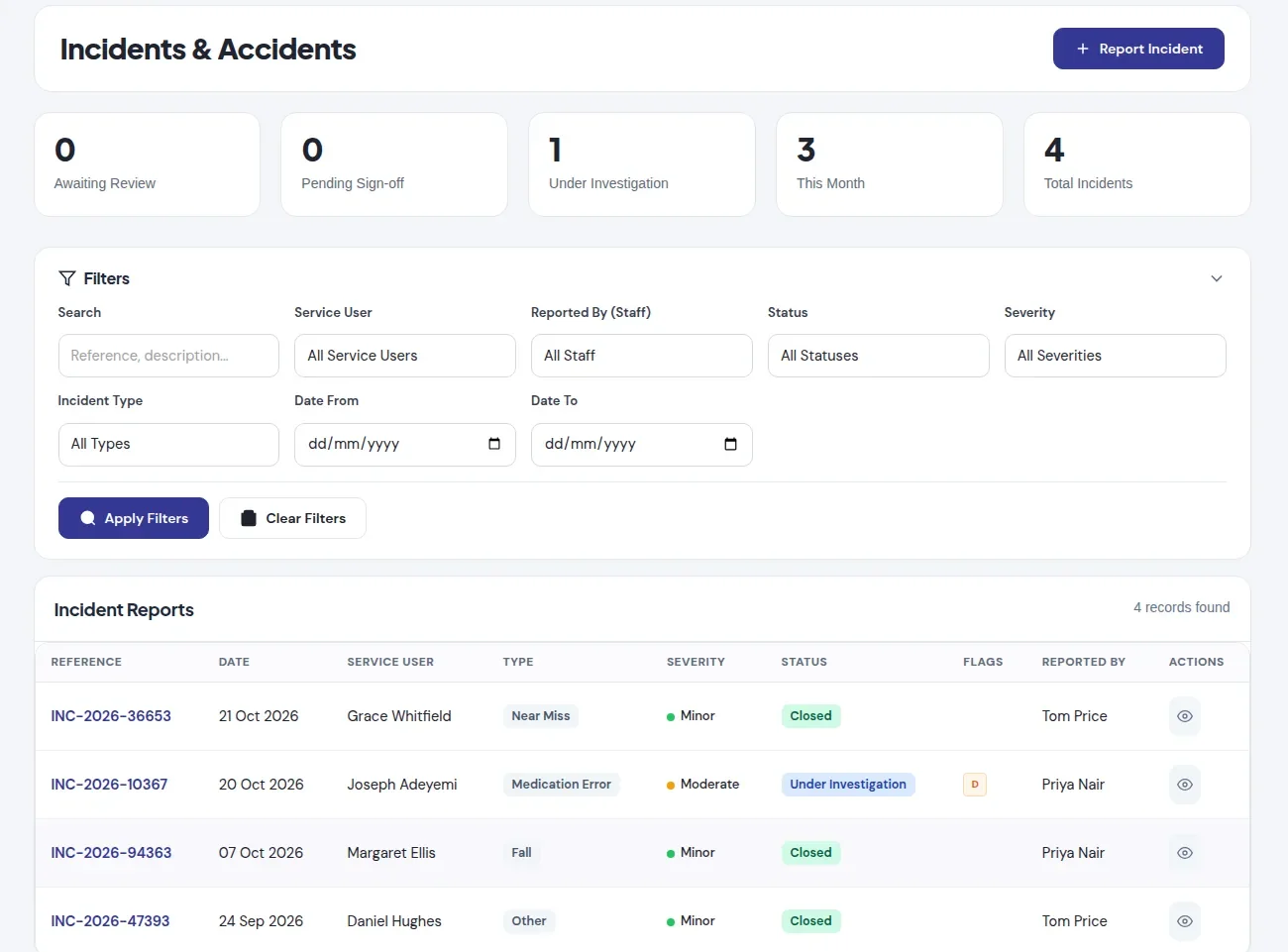 The incidents and accidents dashboard with counts by status and a list of reports
