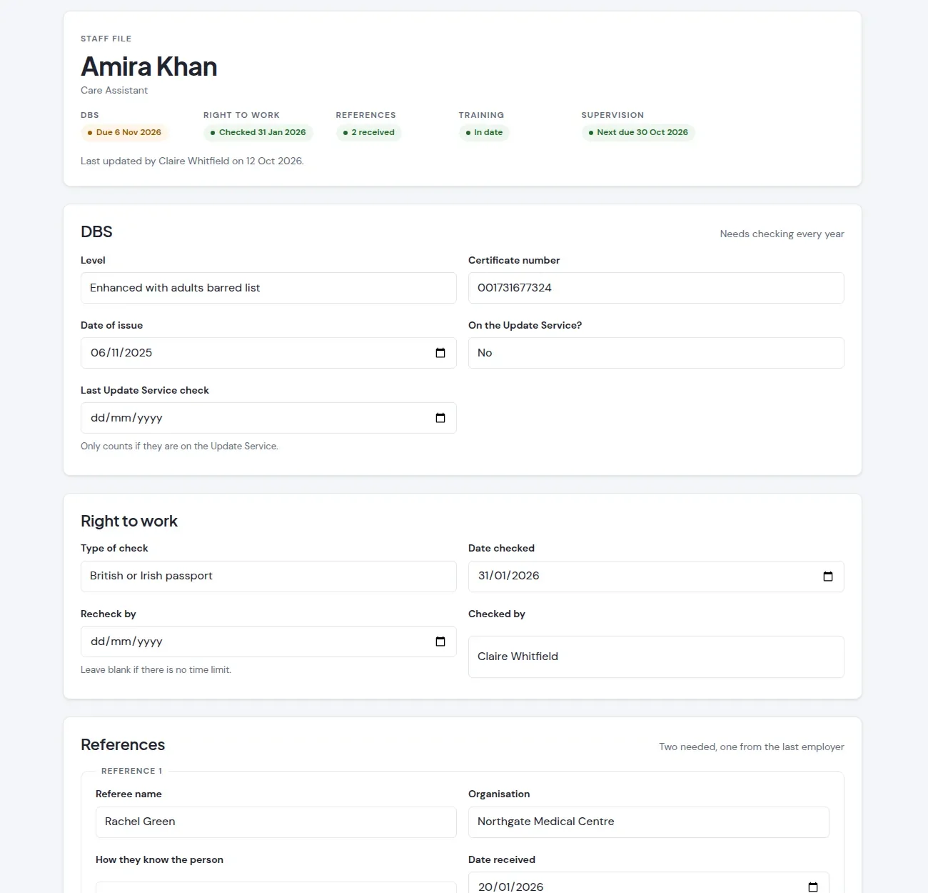 One staff file with DBS, right to work and reference details